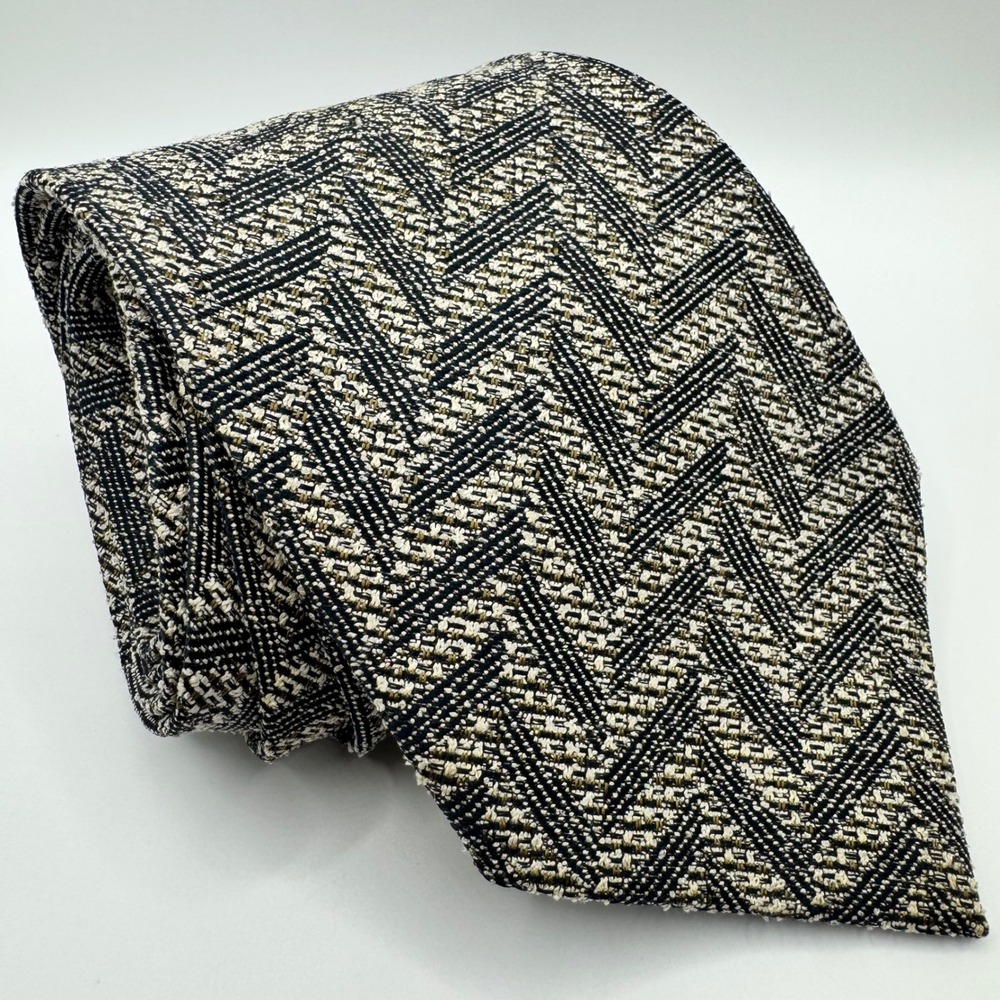 Ermenegildo Zegna Silk Tie Mens Black Tan Gold Geometric Textured Luxury Italy